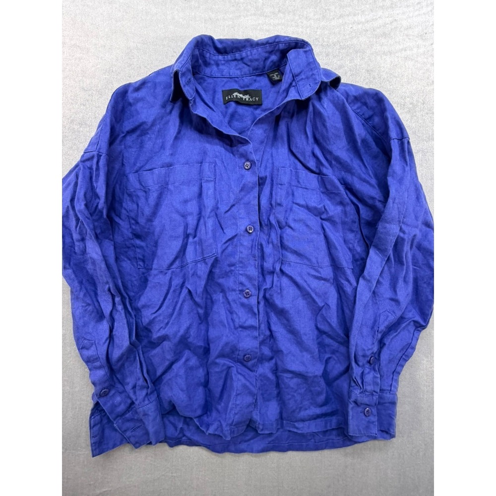 Linda Allard Ellen Tracy 100% Linen Long Sleeve Women Shirt Button Up Blue Size